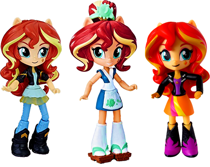 Size: 728x579 | Tagged: safe, derpibooru import, sunset shimmer, fish, equestria girls, friendship games, comparison, doll, equestria girls minis, eqventures of the minis, multeity, shimmerstorm, sunset sushi, toy, triality, trio
