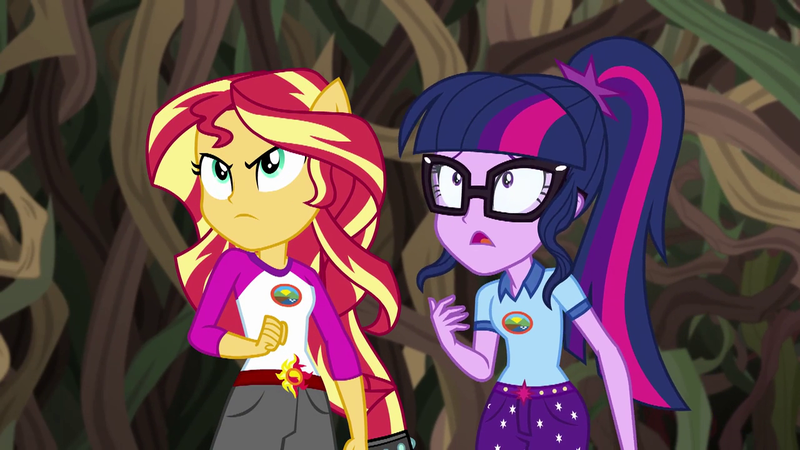 Size: 1280x720 | Tagged: safe, derpibooru import, screencap, sci-twi, sunset shimmer, twilight sparkle, equestria girls, legend of everfree, angry, camp everfree outfits, clothes, glasses, looking at something, open mouth, ponied up, ponytail, scared, shorts