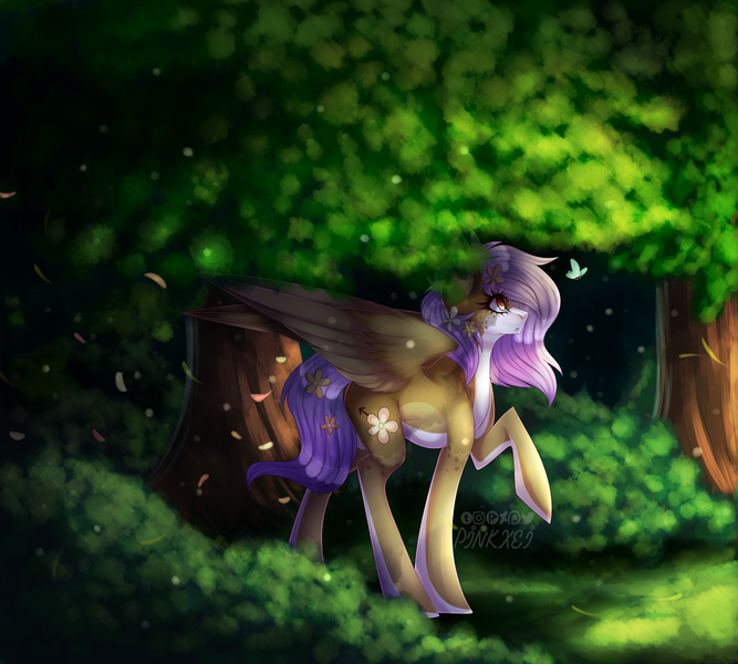 Size: 1280x1152 | Tagged: safe, artist:pinkxei, derpibooru import, oc, unofficial characters only, butterfly, pegasus, pony, female, flower, flower in hair, forest, grass, mare, pale belly, raised hoof, smiling, solo, tree