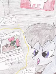 Size: 1588x2094 | Tagged: safe, artist:wyren367, derpibooru import, oc, oc:gray gale, oc:scratch build, unofficial characters only, pony, colored pencil drawing, newspaper, traditional art