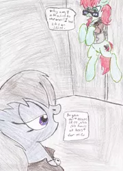 Size: 1566x2170 | Tagged: safe, artist:wyren367, derpibooru import, oc, oc:gray gale, oc:scratch build, unofficial characters only, pony, angry, bound, dialogue, traditional art