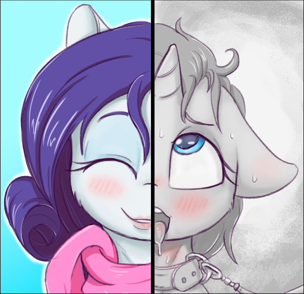 Size: 1871x1812 | Tagged: suggestive, alternate version, artist:alcor, derpibooru import, rarity, pony, unicorn, ahegao, blushing, clothes, collar, colored pupils, drool, eyes rolling back, female, floppy ears, leash, mare, messy mane, open mouth, scarf, smiling, solo, solo female, split screen, tongue out, two sided posters
