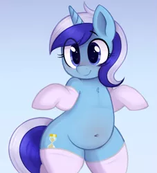 Size: 827x911 | Tagged: safe, artist:toroitimu, derpibooru import, minuette, pony, unicorn, belly, belly button, bipedal, blushing, chubby, clothes, cute, female, gradient background, heart eyes, mare, minubetes, plump, smiling, socks, solo, stockings, thigh highs, wingding eyes