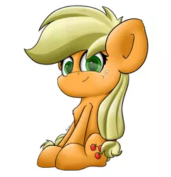 Size: 2971x3073 | Tagged: safe, artist:machstyle, derpibooru import, applejack, earth pony, pony, chibi, female, green eyes, looking at you, mare, missing accessory, simple background, smiling, solo, white background