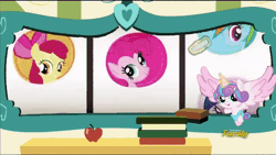 Size: 600x338 | Tagged: safe, derpibooru import, edit, edited screencap, screencap, princess cadance, princess flurry heart, pony, a flurry of emotions, animated, apple, book, chalkboard, classroom, crossing the memes, diaper, discovery family logo, flurry art, flurry heart's chalkboard, food, gif, little pony tv, lucky pony slot, meme, mother and daughter, slot machine, stock vector, tomodachi wa mahou