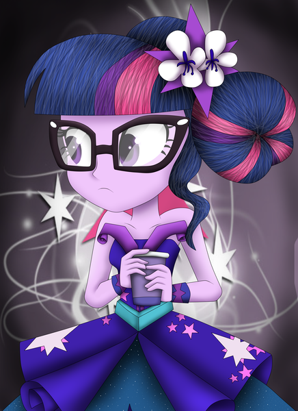 Size: 4000x5500 | Tagged: safe, artist:vicakukac200, derpibooru import, sci-twi, twilight sparkle, equestria girls, legend of everfree, absurd resolution, beverage, clothes, crystal gala, crystal gala dress, cup, cute, dress, female, flower, flower in hair, glasses, hair bun, solo, strapless, twiabetes