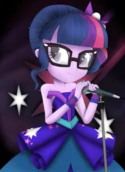 Size: 4000x5500 | Tagged: safe, artist:vicakukac200, derpibooru import, sci-twi, twilight sparkle, equestria girls, legend of everfree, absurd resolution, clothes, crystal gala, crystal gala dress, cute, dress, female, glasses, legend you were meant to be, microphone, solo, strapless, twiabetes