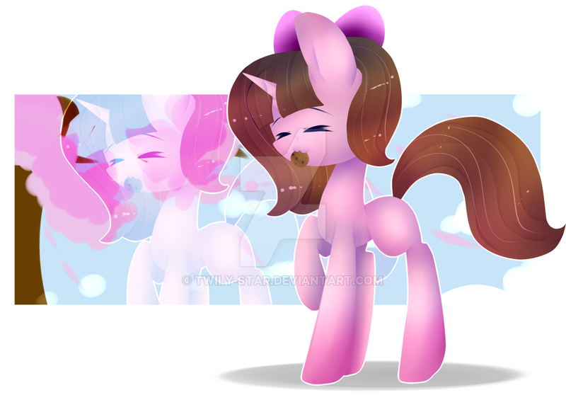 Size: 1024x714 | Tagged: safe, artist:twily-star, derpibooru import, oc, oc:rachel, unofficial characters only, pony, unicorn, cookie, female, food, mare, mouth hold, solo