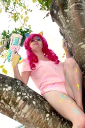 Size: 427x640 | Tagged: artist:krazykari, clothes, cosplay, costume, derpibooru import, human, irl, irl human, nerf, nerf gun, paintball, photo, pinkie pie, safe, solo, tree