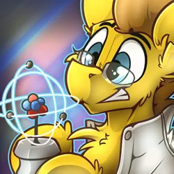Size: 600x600 | Tagged: safe, artist:ralek, derpibooru import, oc, oc:particle haze, unofficial characters only, pony, abstract background, atom, avatar, award, bust, clothes, glasses, icon, lab coat, model, nucleus, portrait, scale model, smiling, solo