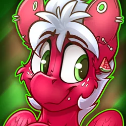 Size: 600x600 | Tagged: safe, artist:ralek, derpibooru import, oc, oc:melon frost, unofficial characters only, pegasus, pony, abstract background, avatar, barbell piercing, bust, ear piercing, food, freckles, gauges, icon, piercing, portrait, smiling, snake bites, solo, watermelon, wings