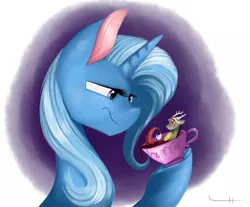 Size: 1024x847 | Tagged: safe, artist:lcpegasister75, derpibooru import, discord, trixie, draconequus, pony, unicorn, cup, duo, female, looking at each other, mare, micro, smiling, teacup, unamused