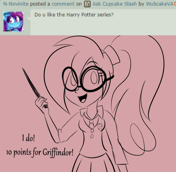 Size: 900x878 | Tagged: safe, artist:wubcakeva, derpibooru import, oc, oc:cupcake slash, unofficial characters only, equestria girls, ask, clothes, deviantart, glasses, harry potter, magic wand, monochrome, ponytail, skirt, solo