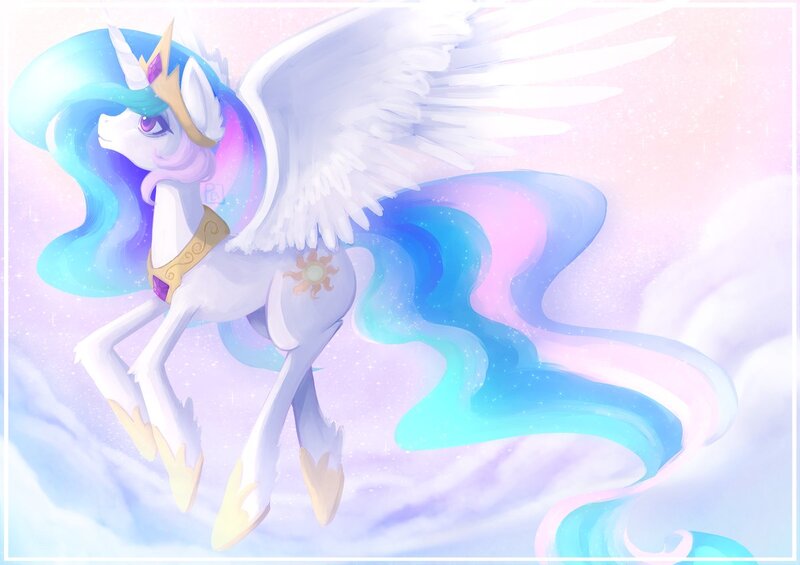 Size: 1200x848 | Tagged: safe, artist:psychobanana-arts, derpibooru import, princess celestia, alicorn, pony, cloud, crown, cute, cutelestia, ear fluff, flying, jewelry, leg fluff, peytral, profile, regalia, solo, spread wings, wings