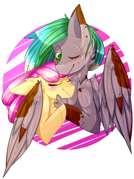 Size: 1728x2303 | Tagged: safe, artist:sonica98, derpibooru import, oc, oc:cirrus fever, oc:vanilla swirl, unofficial characters only, earth pony, pegasus, pony, abstract background, art trade, blushing, bust, cheek fluff, chest fluff, cuddling, cute, duo, ear fluff, eyes closed, female, fluffy, happy, holding hooves, hug, male, oc x oc, one eye closed, shipping, straight, winghug, wink