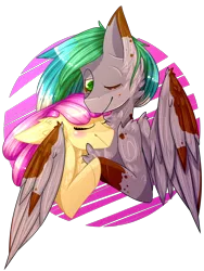 Size: 1728x2303 | Tagged: safe, artist:sonica98, derpibooru import, oc, oc:cirrus fever, oc:vanilla swirl, unofficial characters only, earth pony, pegasus, pony, abstract background, art trade, blushing, bust, cheek fluff, chest fluff, cuddling, cute, duo, ear fluff, eyes closed, female, fluffy, happy, holding hooves, hug, male, oc x oc, one eye closed, shipping, straight, winghug, wink