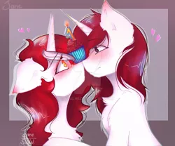 Size: 1024x853 | Tagged: safe, artist:jane-soulwi, derpibooru import, oc, oc:frowzie, oc:frozen blade, unofficial characters only, pony, unicorn, anniversary, blushing, boop, cupcake, duo, food, noseboop, twins, watermark