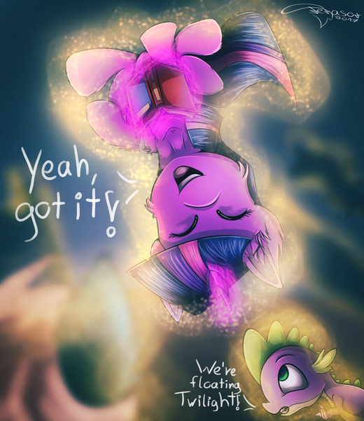 Size: 2600x3000 | Tagged: safe, artist:ferasor, derpibooru import, spike, twilight sparkle, twilight sparkle (alicorn), alicorn, dragon, pony, a flurry of emotions, best aunt ever, book, duo, eyes closed, floating, glowing horn, magic, smiling