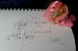 Size: 2478x1650 | Tagged: safe, artist:binkyt11, derpibooru import, fluttershy, pony, breaking the fourth wall, brushable, irl, looking at you, photo, solo, speech bubble, talking to viewer, toy, traditional art, waving