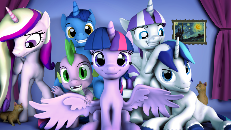 Size: 3840x2160 | Tagged: safe, artist:seriff-pilcrow, derpibooru import, night light, princess cadance, shining armor, spike, twilight sparkle, twilight sparkle (alicorn), twilight velvet, alicorn, cat, dragon, pony, unicorn, series:daring did tales of an adventurer's companion, 3d, family photo, high res, noogie, painting, source filmmaker, sparkle family, spike's family, spread wings, starry night, vincent van gogh, wings