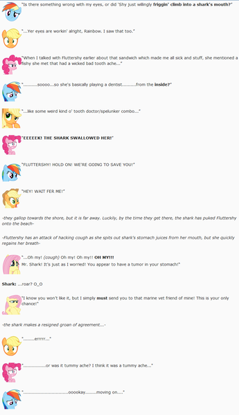 Size: 850x1477 | Tagged: applejack, artist:dziadek1990, conversation, derpibooru import, emotes, emote story, emote story:shark tale, fluttershy, pinkie pie, rainbow dash, reddit, safe, slice of life, text, tumor