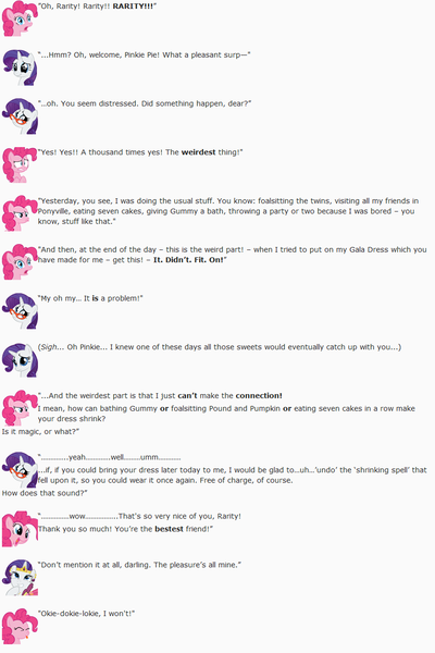 Size: 849x1274 | Tagged: artist:dziadek1990, conversation, derpibooru import, dialogue, emotes, emote story, emote story:shark tale, implied weight gain, pinkie pie, rarity, reddit, safe, slice of life, text