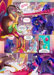 Size: 1200x1675 | Tagged: safe, artist:stepandy, derpibooru import, discord, princess celestia, princess luna, alicorn, draconequus, pony, comic:mark of chaos, canterlot, canterlot throne room, comic, crown, dialogue, dislestia, ethereal mane, eyes closed, female, hoof shoes, jewelry, male, mare, peytral, regalia, shipping, speech bubble, starry mane, straight, throne, throne room, unshorn fetlocks, water, water balloon, wet mane