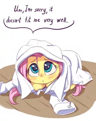 Size: 2480x3112 | Tagged: safe, artist:alcor, derpibooru import, fluttershy, pegasus, pony, :o, alcor is trying to murder us, blushing, cheek fluff, clothes, cute, daaaaaaaaaaaw, dialogue, female, hiding, hnnng, looking at you, looking up, open mouth, oversized clothes, precious, prone, shirt, shy, shyabetes, smol, solo, weapons-grade cute