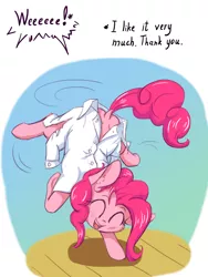 Size: 2313x3072 | Tagged: safe, artist:alcor, derpibooru import, pinkie pie, earth pony, pony, balancing, blushing, cheek fluff, clothes, cute, dialogue, diapinkes, dock, ear fluff, eyes closed, female, fluffy, happy, leg fluff, looking at you, mare, open mouth, pinkie being pinkie, shirt, smiling, solo, underhoof, upside down, wat, you're doing it wrong