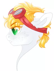 Size: 1737x2267 | Tagged: safe, artist:schokocream, derpibooru import, oc, oc:triforce treasure, unofficial characters only, earth pony, pony, blonde, bust, freckles, glasses, goggles, green eyes, portrait, simple background, solo, white background, white pony