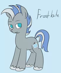 Size: 680x816 | Tagged: safe, artist:espeonna, derpibooru import, oc, oc:frostbite, unofficial characters only, earth pony, pony, blue background, simple background, solo