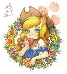 Size: 900x989 | Tagged: anthro, apple, apple bloom, applejack, artist:kongyi, bandana, big macintosh, braeburn, clothes, cutie mark, derpibooru import, dungarees, food, granny smith, grin, male, pigtails, safe, shirt, smiling, solo, the cmc's cutie marks, traditional art, twintails, watercolor painting, winona