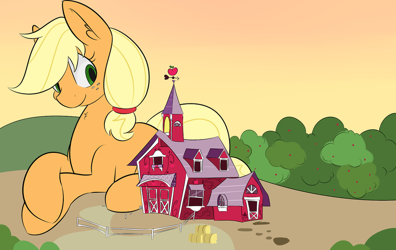 Size: 1280x811 | Tagged: safe, artist:mrrowboat, derpibooru import, applejack, pony, apple tree, barn, big-apple-pony, commission, cute, ear fluff, giant pony, happy, hatless, jackabetes, macro, missing accessory, prone, smiling, solo, sweet apple acres