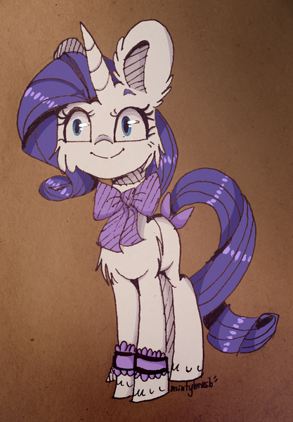 Size: 1500x2160 | Tagged: safe, artist:mintybrush, derpibooru import, rarity, pony, bow, bowtie, chest fluff, gradient background, solo, tail bow, unshorn fetlocks