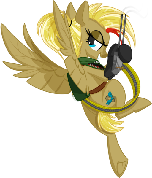 Size: 1024x1199 | Tagged: safe, artist:kellythedrawinguni, derpibooru import, oc, oc:kitty hawk, unofficial characters only, pegasus, pony, ammo belt, clothes, female, mare, scarf, simple background, solo, transparent background, weapon