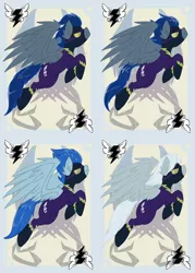Size: 744x1038 | Tagged: safe, artist:bluekite-falls, artist:sky-railroad, derpibooru import, descent, nightshade, oc, pegasus, pony, clothes, costume, ear fluff, female, game, male, mare, prance card game, shadowbolts, shadowbolts costume, spread wings, stallion, wing fluff, wings