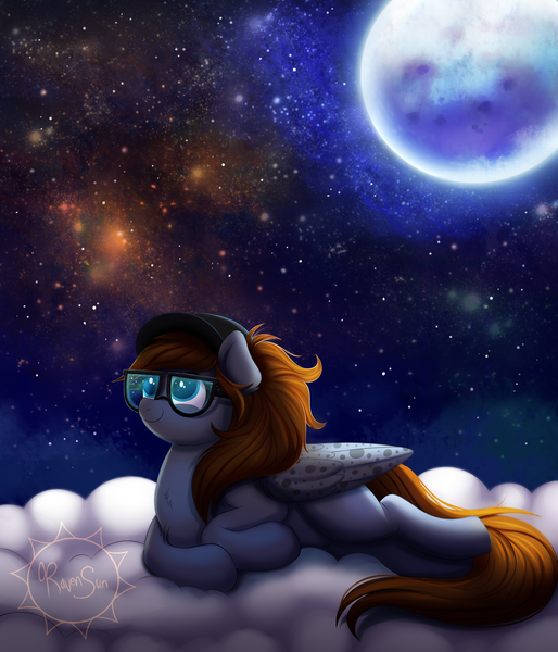 Size: 3000x3500 | Tagged: safe, artist:confetticakez, derpibooru import, oc, unofficial characters only, pegasus, pony, cloud, commission, cute, female, galaxy, glasses, hat, lying down, mare, moon, night, ocbetes, solo