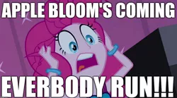 Size: 1280x714 | Tagged: safe, derpibooru import, edit, edited screencap, screencap, apple bloom, pinkie pie, equestria girls, spoiler:comic, spoiler:comicholiday2014, anon-a-miss, image macro, meme, scared, scary, solo, yelling