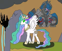 Size: 2885x2412 | Tagged: safe, artist:supahdonarudo, derpibooru import, princess celestia, alicorn, pony, canterlot castle, cloud, dark clouds, darklestia, female, mare, mountain, nemesis prime, optimus prime, possessed, possesstia, transformers, transformers the last knight, waterfall