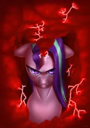 Size: 1024x1453 | Tagged: safe, artist:jeki, derpibooru import, starlight glimmer, pony, unicorn, all bottled up, anger magic, angry, female, floppy ears, looking at you, magic, mare, solo