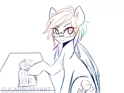 Size: 3200x2400 | Tagged: safe, artist:sugarberry, derpibooru import, rainbow dash, pony, book, glasses, looking at you, partial color, raised hoof, simple background, sitting, sketch, smiling, solo, table, white background