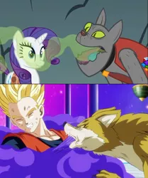 Size: 852x1017 | Tagged: a dog and pony show, bad breath, comparison, derpibooru import, diamond dog, dragon ball super, edit, edited screencap, gohan, lavenda, poison, rarity, rover, safe, screencap, super saiyan, tournament of power, universe survival arc