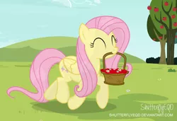 Size: 4355x2980 | Tagged: safe, artist:shutterflyeqd, derpibooru import, fluttershy, pony, absurd resolution, apple, basket, cute, eyes closed, female, flower, food, grass, mare, mouth hold, shyabetes, sky, smiling, solo, tree