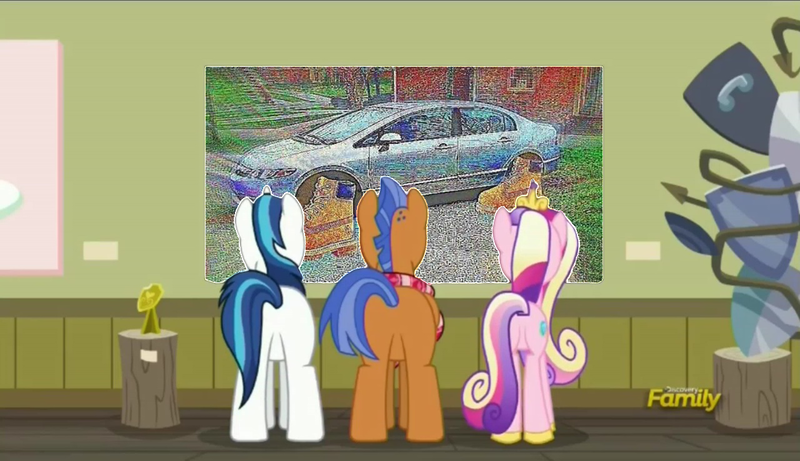 Size: 1280x738 | Tagged: safe, derpibooru import, edit, edited screencap, screencap, princess cadance, shining armor, spearhead, pony, a flurry of emotions, a thousand nights in a hallway, art exhibition, art or a mistake, car, dank memes, discovery family logo, honda civic, meme, timberland boots