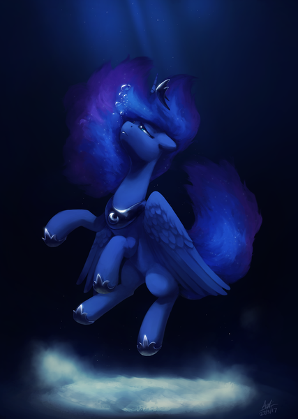 Size: 1423x2000 | Tagged: safe, artist:anticular, derpibooru import, princess luna, alicorn, pony, blue background, blue eyes, blue mane, blue tail, bubble, crepuscular rays, crown, digital art, ethereal mane, ethereal tail, feather, female, flowing mane, flowing tail, folded wings, high res, hoof shoes, horn, image, jewelry, looking up, mare, ocean, peytral, png, regalia, sad, signature, simple background, sinking, solo, starry mane, starry tail, sunlight, tail, teeth, underwater, water, wings