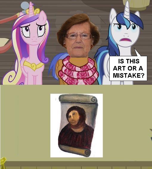 Size: 510x568 | Tagged: safe, derpibooru import, edit, edited screencap, screencap, princess cadance, shining armor, pony, a flurry of emotions, art or a mistake, botched ecce homo, cecilia gimenez, ecce homo, exploitable meme, meme