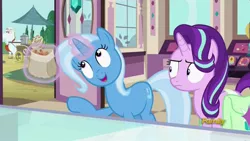 Size: 1280x720 | Tagged: safe, derpibooru import, screencap, starlight glimmer, trixie, pony, all bottled up, cinnamon nuts, discovery family logo, duo, food