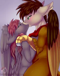 Size: 1280x1625 | Tagged: suggestive, artist:pinktabico, derpibooru import, oc, unofficial characters only, hippogriff, pegasus, pony, female, kissing, looking at each other, male, mare, oc x oc, shipping, stallion, straight