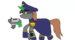 Size: 1189x640 | Tagged: safe, derpibooru import, oc, oc:littlepip, unofficial characters only, pony, unicorn, fallout equestria, fanfic, bolt pistol, boots, cap, clothes, commissar, fanfic art, female, glowing horn, gun, handgun, hat, little macintosh, magic, mare, ms paint, pipbuck, revolver, simple background, solo, telekinesis, trenchcoat, warhammer (game), warhammer 40k, weapon, white background