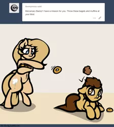 Size: 1280x1420 | Tagged: safe, artist:slavedemorto, derpibooru import, oc, oc:backy, oc:modpone, unofficial characters only, pony, ask, bagel, belly button, bipedal, bread, crying, food, food fight, muffin, simple background, throwing, tumblr